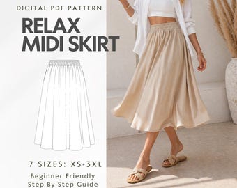 Op de afbeelding: Digitaal PDF-patroon voor een Relax Midi Rok. De afbeelding toont een schets van de rok en een vrouw die een beige midi-rok draagt. Het patroon bevat 7 maten, van XS tot 3XL, en is beginnersvriendelijk met een stapsgewijze handleiding.