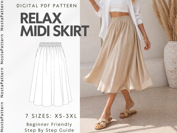 Easy Midi Skirt Sewing Pattern, Elastic Waist Skirt With Pockets, Simple and Relaxed Summer Skirt, illustrated Beginner PDF Sizes XS-XXXL