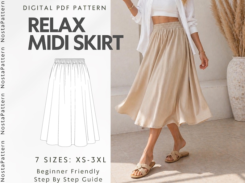 May include: A digital PDF pattern for a Relax Midi Skirt. The image shows a sketch of the skirt and a woman wearing a beige midi skirt. The pattern includes 7 sizes, from XS to 3XL, and is beginner-friendly with a step-by-step guide.