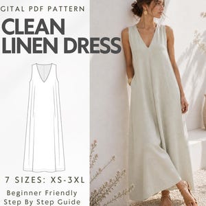 Op de afbeelding: Een digitaal PDF-patroon voor een strakke linnen jurk, met een mouwloos ontwerp met een V-hals en een lange, zwierige rok. De tekst bevat 'DIGITAL PDF PATTERN', 'CLEAN LINEN DRESS', '7 SIZES: XS-3XL' en 'Beginner Friendly Step By Step Guide'.