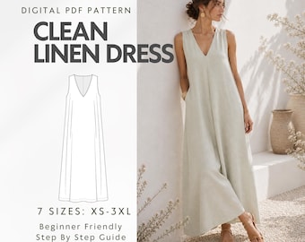 Sleeveless Linen V-Neck Dress Sewing Pattern, Easy Summer Maxi Dress, Relaxed Old Money Dress, Casual Pocketed Dress for Beach & Vacation