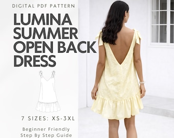 Lumina Summer Open Back Dress Sewing Pattern, Beginner Tie Shoulder Sundress (PDF Download)