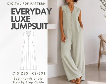Wide Leg Jumpsuit Sewing Pattern, Linen Overalls For Women, Loose Fit Sleeveless V neck Jumpsuit PDF, Buttons Front Jumpsuit With Pockets