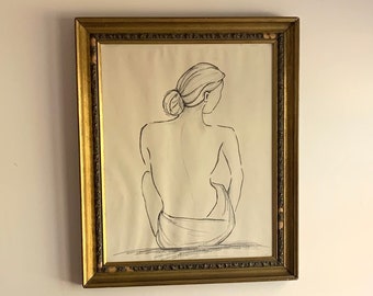 Female Figure Line Drawing/ Vintage Framed Art/20x24 Framed Art/Woman's Body Art