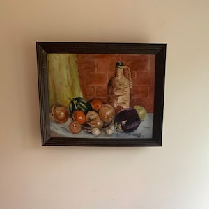 Vintage Kitchen Still Life Oil Painting - Framed Vegetable Art