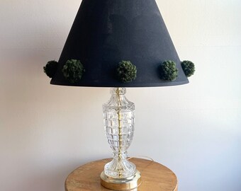 Vintage Hollywood Regency Cut Glass Lamp/ Working Vintage Lamp/ Clear Glass Lamp/ Pompom Lampshade/ Black Lampshade