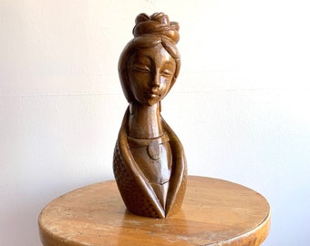 Vintage Carved Wooden Female Bust/Vintage Sculpture / Vintage Wooden Art/ Mid Century Decor/ Vintage Decor/ Carved Wood/Vintage Bust