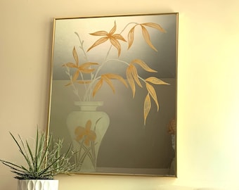 Large 1980s Windsor Arts Faux Stained Glass Mirror With Gold Blue