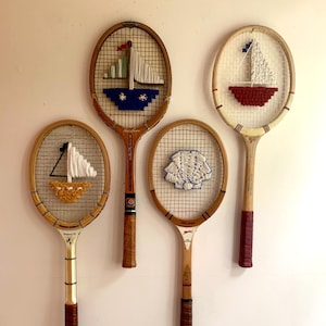Set of Sailboats and Shell on Assorted Vintage Wooden Tennis Rackets | Coastal Wall Decor | One-of-a-Kind Nautical Fiber Art | Cottagecore