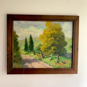 Vintage Impressionist Landscape Painting in Rustic Wood Frame