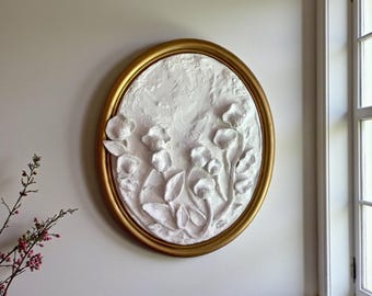 Handmade Floral Bas-Relief Wall Art: Vintage Gold Frame, Upcycled Sustainable Decor