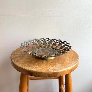 Vintage Penco Brass and Enamel Floral Footed Bowl / Vintage Jewelry Holder / Vintage Pedestal Brass Bowl / Vintage Storage / Candy Dish