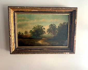 Antique Rustic Pastoral Landscape Painting in Gold Ornate Frame