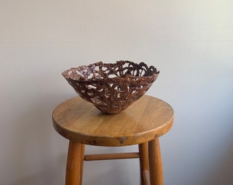 Vintage Sculpted Clay Bowl: Handmade Brown Table Art (9.5&quot; x 5&quot;)