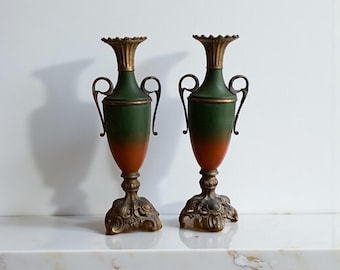Antique Victorian Brass Urn Pair: Decorative Candlestick Holders