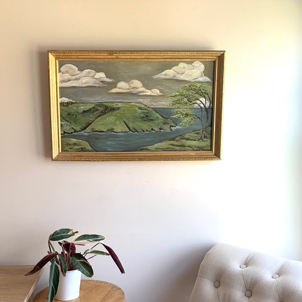 Original Framed Landscape Painting / Signed Original Art / Acrylic Painting / Framed Painting / Coastal Painting / Gold Vintage Frame