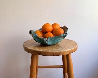 Vintage Blue Clay Bowl: Handmade Sculptural Table Art