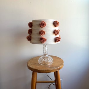 Vintage Etched Glass Boudoir Lamp/ Working Vintage Lamp/  Clear Glass Lamp/ Pompom Lampshade/ Art Deco Lamp/ Eclectic Lamp