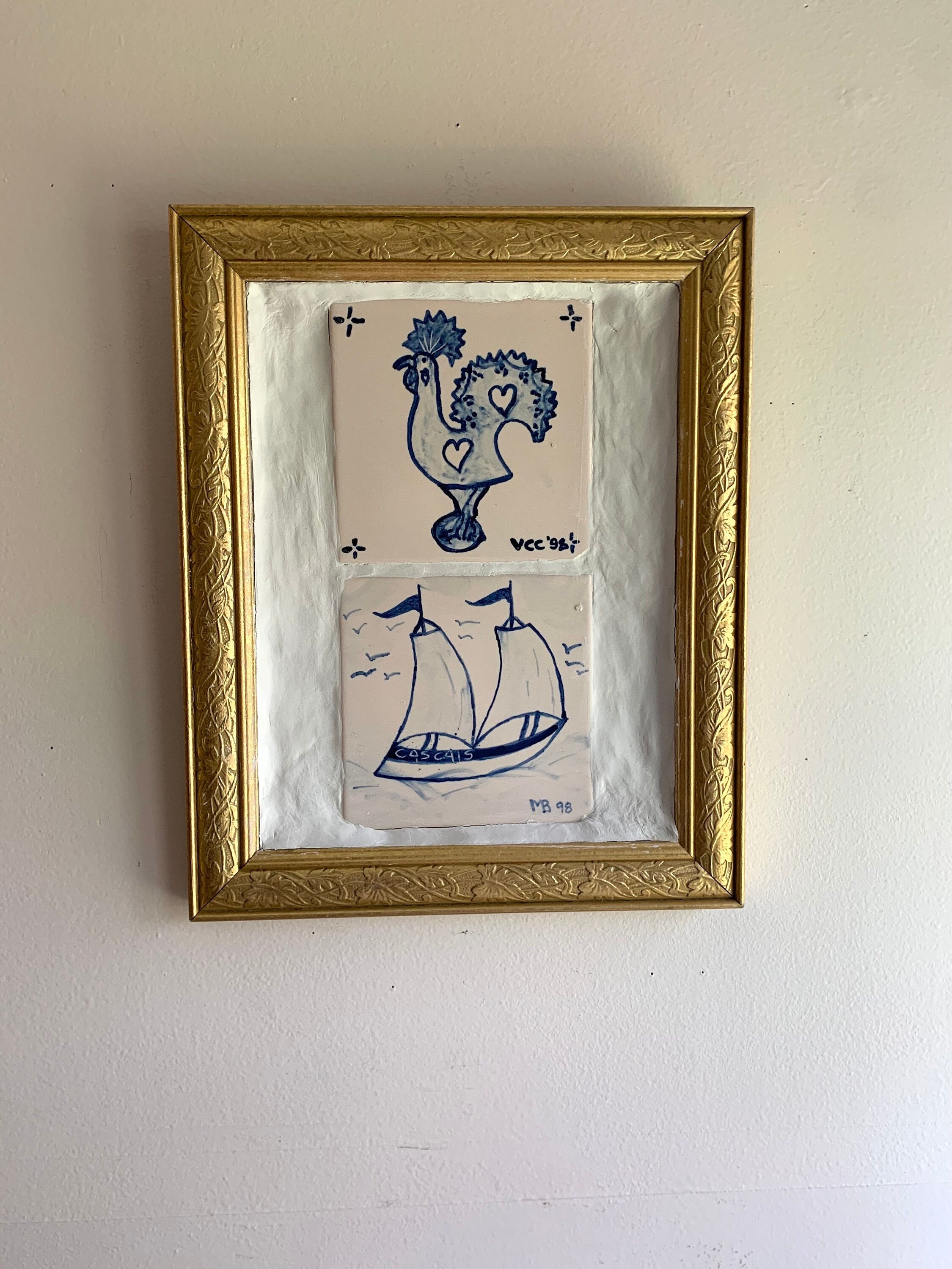 Handpainted Portuguese Tile Art / Vintage Gold Framed Tiles in Clay / Unique Original Art / Blue and White Wall Art / Kitchen Wall Art
