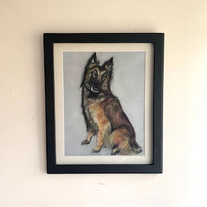 Vintage German Shepherd Painting / Framed Pastel Dog Drawing / Vintage Framed Dog Art