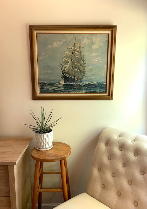 Vintage Framed Clipper Ship Art Print: Nautical Coastal Painting