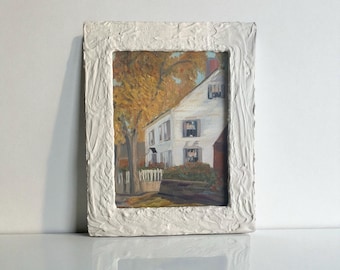 Vintage Painting of Cottage in Rustic White Textured Frame