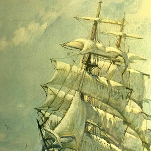 May include: A vintage painting of a tall ship with white sails against a blue sky with white clouds. The ship is sailing on a calm sea.