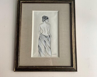 Hand Drawn Female Form Line Sketch in Linen Matted Gold Frame