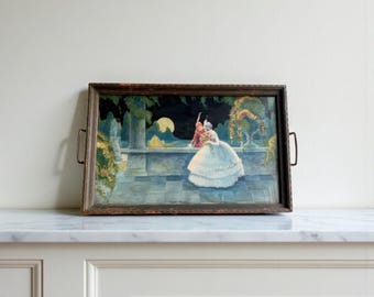 Vintage Art Nouveau Bar Tray: Love's Siesta Print, Wooden Handles