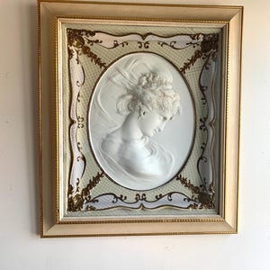 Vintage Framed Cameo Art: Victorian Rococo Female Portrait Sculpture