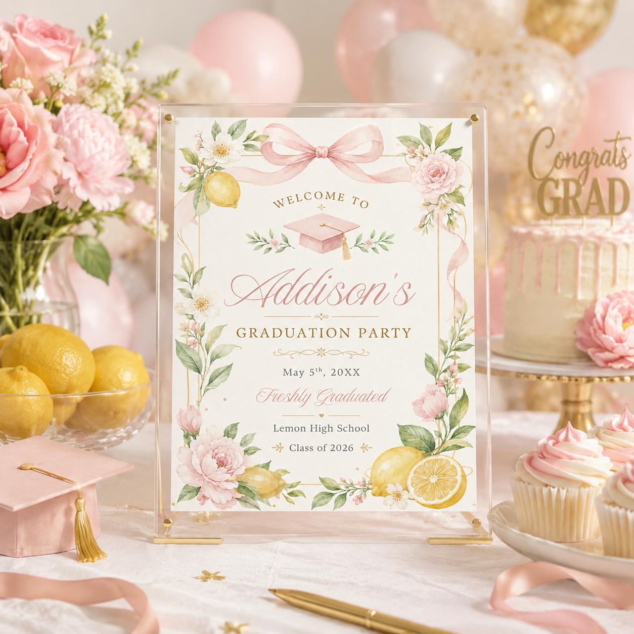 Lemon Graduation Party Invitation Template, Blush Floral Grad Invite ...