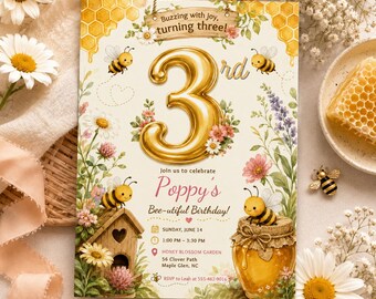 Bee 3rd Birthday Invitation, Buzzing with Joy Turning Three, Wildflower Honey Bee Party Invite, Editable Template