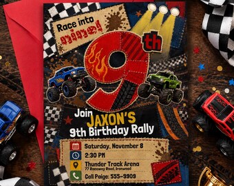 Invitación de cumpleaños número 9 con temática de Monster Truck, invitación para la fiesta "Race Into Nine", descarga digital de cumpleaños al estilo Monster Jam.