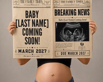 Newspaper Pregnancy Announcement Template, Editable Canva Baby Reveal, Vintage Baby Coming Soon Newspaper, Ultrasound Digital Download
