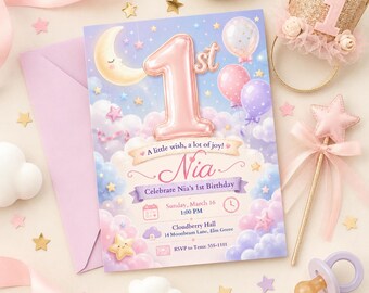 First Birthday Invitation, One Little Wish Birthday Invite, Moon and Stars Girl Party, Pastel Editable Canva Template