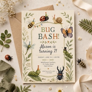 May include: A cream-colored invitation card titled BUG BASH! featuring watercolor illustrations of insects wearing party hats, including a ladybug, snail, bee, butterfly, dragonfly, caterpillar, and beetle, with text detailing a 7th birthday party.