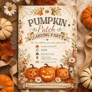 May include: A rectangular invitation card for a Pumpkin Patch Carving Party featuring illustrations of jack-o'-lanterns, autumn leaves, daisies, and spiderwebs. The text includes event details for Sunday, October 20th at 3:00 PM at Maple Barn House.