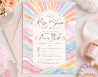 Invitación de primer cumpleaños "Levántate y brilla", invitación de fiesta con arcoíris pastel y sol, descarga digital de acuarela para primer cumpleaños