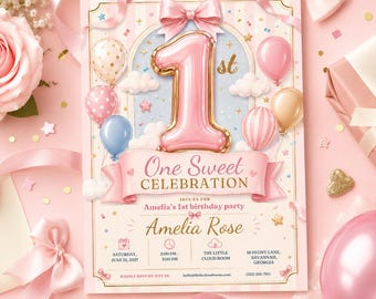 One Sweet First Birthday Invitation, Pink Balloon 1st Birthday Party Invite, Editable Girl Birthday Template, Digital Download