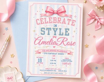 Celebrate in Style Birthday Invitation, Pastel Bow Girl Birthday Invite, Pink Blue Coquette Party, Editable Canva Template