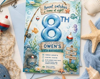 Fishing 8th Birthday Invitation, Great Catches Come at Eight Party Invite, Watercolor Ocean Editable Canva Template