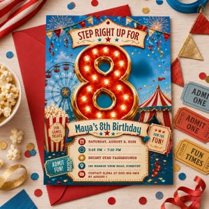 May include: A carnival-themed birthday invitation card featuring a large illuminated number 8, a Ferris wheel, and a circus tent. The text reads: Step Right Up For Maya's 8th Birthday, Saturday, August 8, 2026, 5:00 PM - 7:30 PM, Bright Star Fairgrounds.