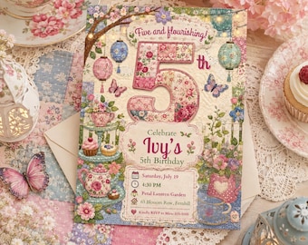 Plantilla de invitación de cumpleaños "Cinco años y florecimiento", invitación editable para fiesta de té floral de 5º cumpleaños, descarga digital para fiesta en el jardín de estilo vintage