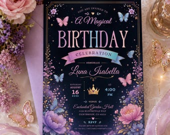 Magical Butterfly Birthday Invitation, Enchanted Garden Party Invite, Fairy Floral Girl Birthday, Editable Canva Template