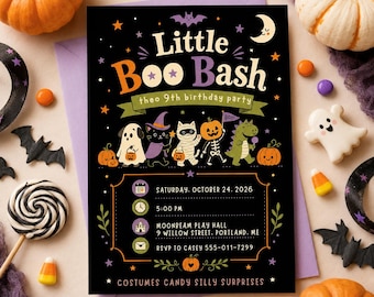 Little Boo Bash Birthday Invitation, Cute Halloween Kids Party Invite, Spooky 9th Birthday Editable Template