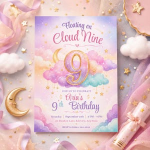 May include: A rectangular birthday invitation card featuring a pastel watercolor sky with pink, purple, and blue clouds, a large gold number nine, and gold stars. The text reads Floating on Cloud Nine, Join us to celebrate Aria's 9th Birthday, Saturday, September 27th, 2 PM - 4 PM, 145 Meadow Lane, Fairview, Any State, RSVP to Grace: 555-0150.