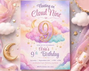 Cloud Nine 9th Birthday Invitation, Pastel Sky Birthday Party Invite, Girls Ninth Birthday, Editable Canva Template, Digital Invitation