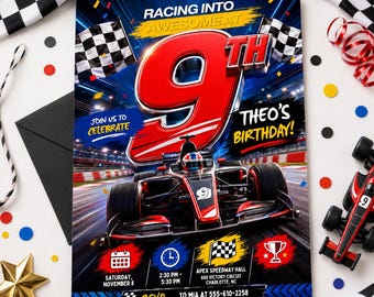Race Car 9th Birthday Invitation, Formula Racing Party Invite, Editable Digital Canva Template