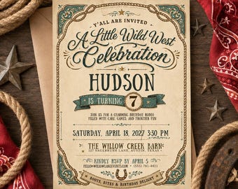 Wild West Birthday Invitation, Cowboy Rodeo Party Invite, 7th Birthday, Vintage Western Canva Template