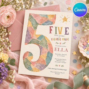 May include: A rectangular birthday invitation card featuring a large number five filled with a multicolored mosaic pattern. The text reads Five, Five Years of Colordil Magic, Celebrating Ella, Saturday, June 12 at 3 o'clock, The Garden House, 48 Rose Lane, Savannah, Georgia.